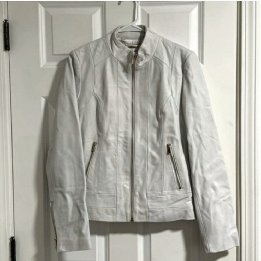 Wilsons Leather White Zip-Front Leather Moto Jacket